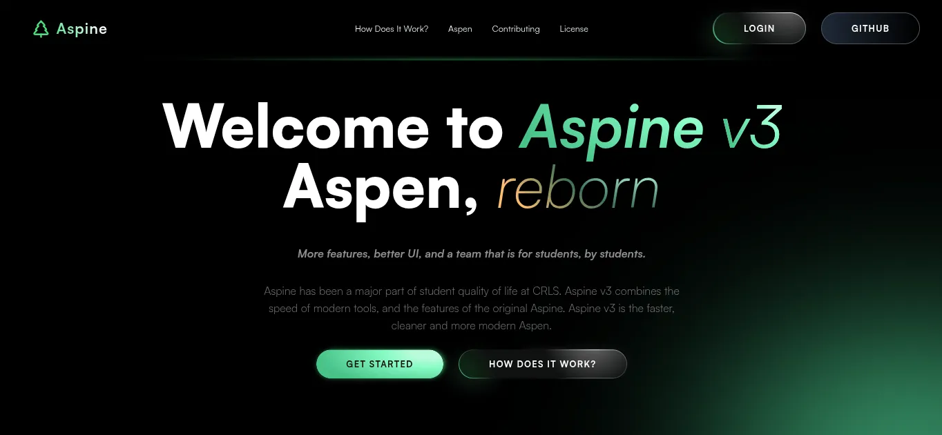 The Aspine v3 landing page, reading "Welcome to Aspine v3 — Aspen, reborn"