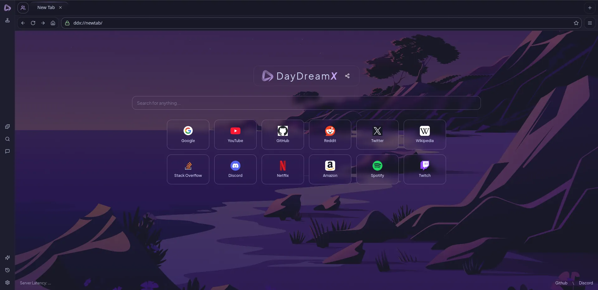 The DaydreamX new tab page, with a search bar, site shortcuts, tab strip, and vertical sidebar