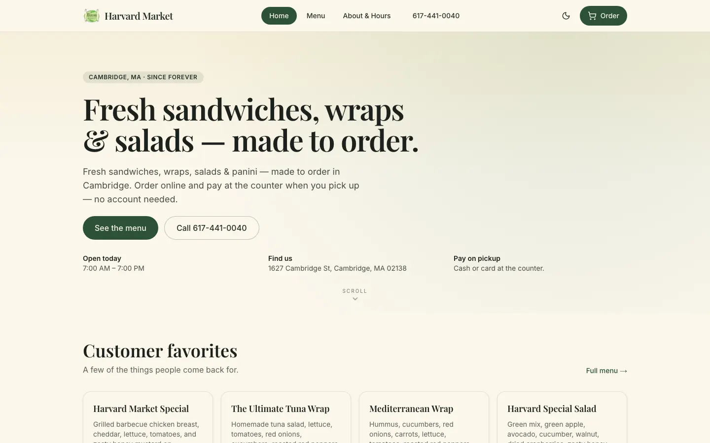 The Harvard Market homepage, with the menu hero and customer favorites