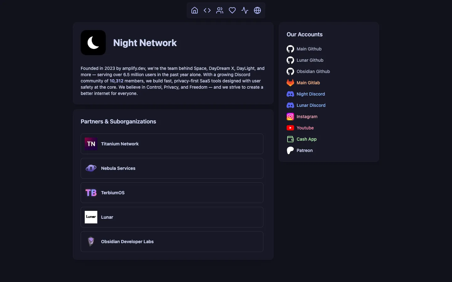 The Night Network site, showing the org intro and its partners and sub-organizations