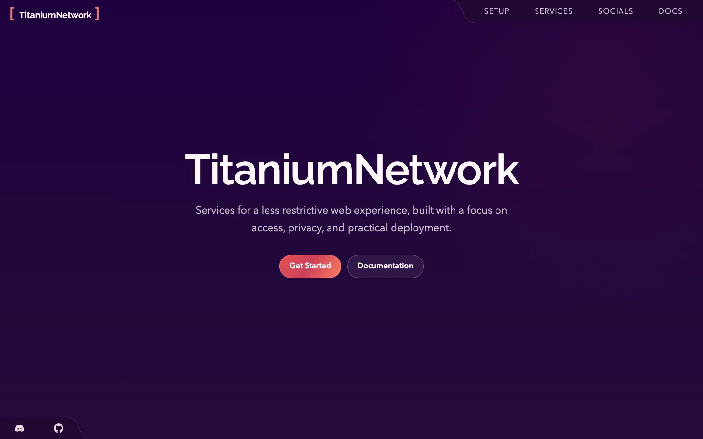 The TitaniumNetwork landing page built with Oxide, over a deep purple gradient