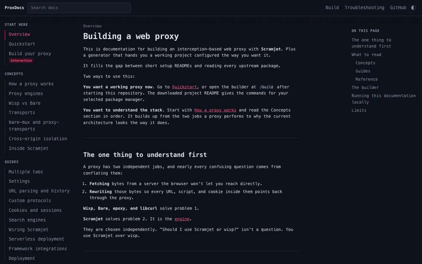 The ProxDocs overview page, "Building a web proxy", with the docs sidebar
