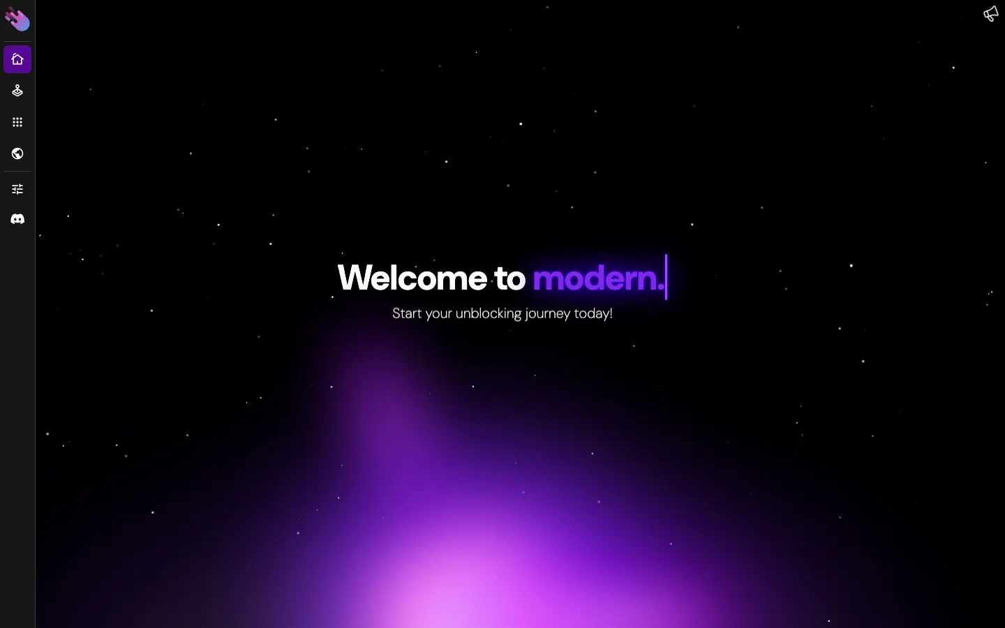 The Space landing page, reading "Welcome to modern." over a purple nebula